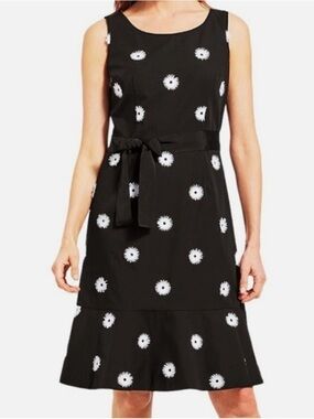 Talbots Black Dress with White Embroidered Daisy Print and Tie Waist